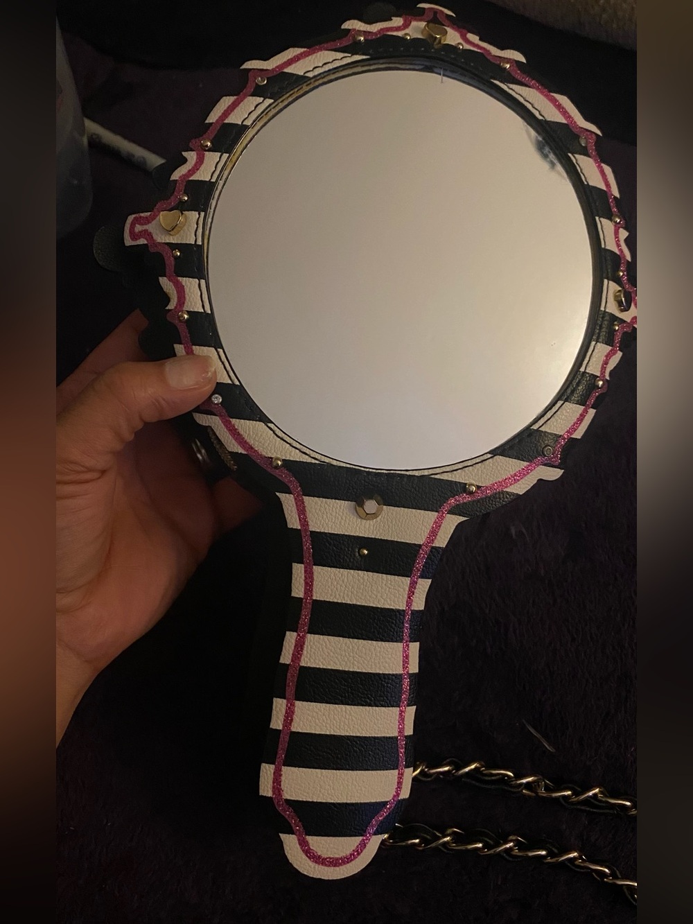 Betsey Johnson Black & White Striped Lip Print Hand Mirror Clutch With Pink Trim View 4